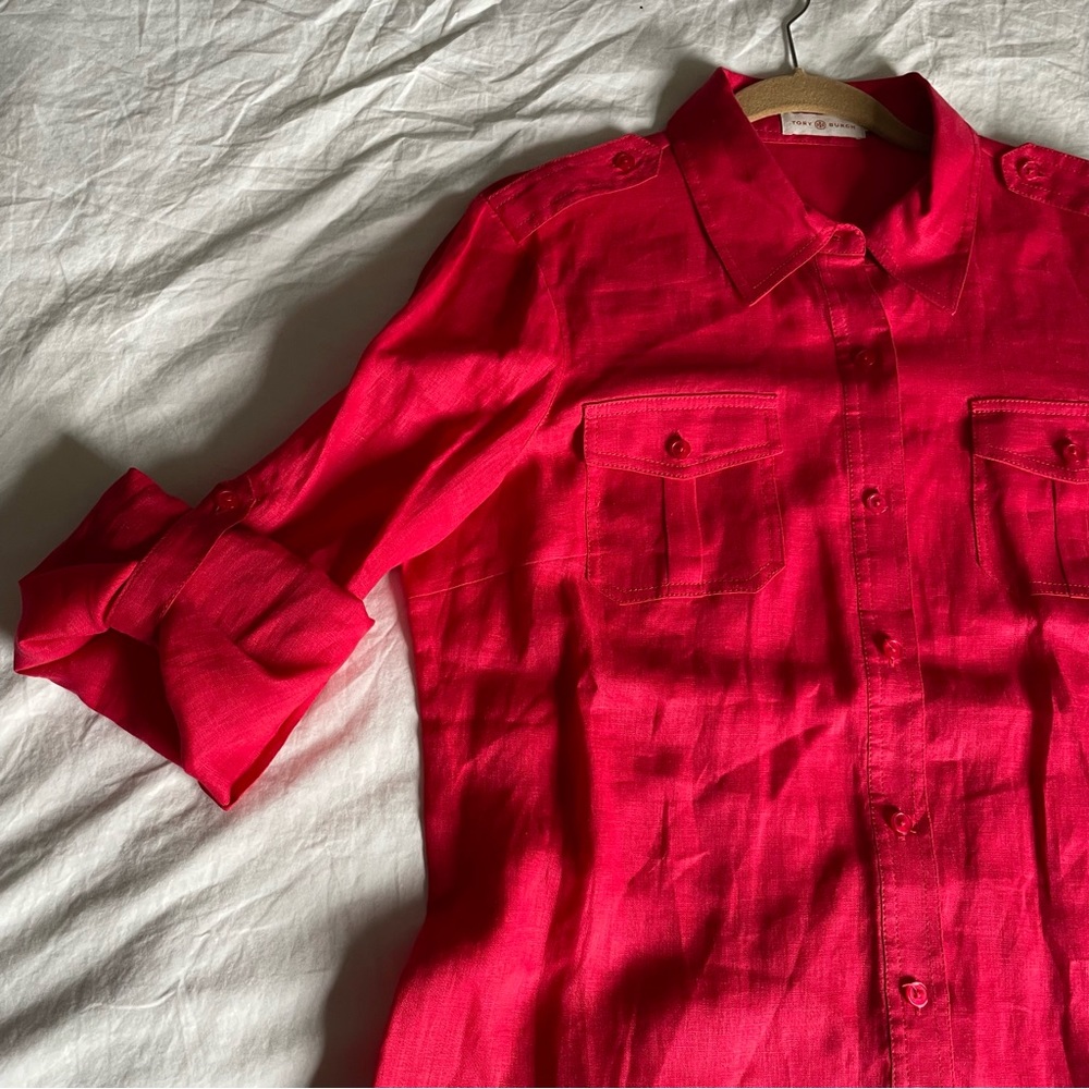 Tory Burch Red 100% Linen Button Down Size 14 - image 7